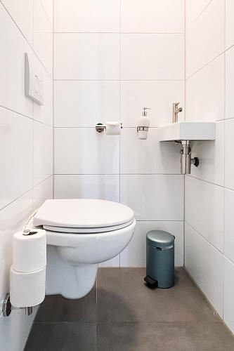 a white bathroom with a toilet and a sink at Appartement met uitzicht over de Wadden Zee in Oost-Vlieland