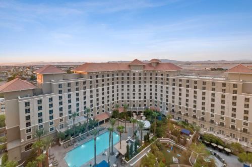 an overhead view of a large hotel with a pool at Club Wyndham Grand Desert in Las Vegas