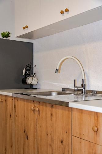 a kitchen with a stainless steel sink and wooden cabinets at House Mila in Korenica