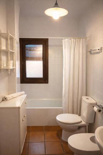 a white bathroom with a toilet and a sink at Casa amb llar de foc - Casa Anina in Montsonis