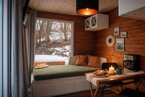 a bed in a tiny house with a window at Wisla66 Domki nad Wisłą Piotrawin in Piotrawin