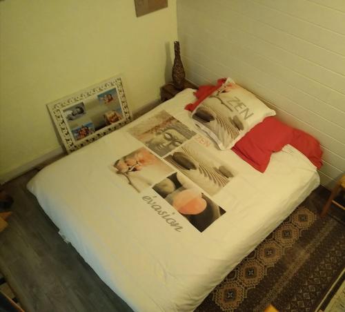 a bed with a white comforter with pictures on it at Gîte nature sous les châtaigniers in Zonza