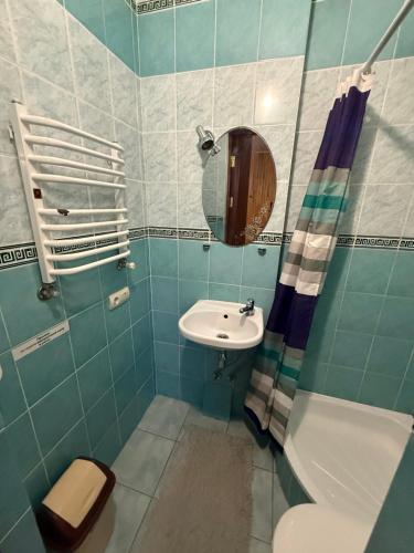 a bathroom with a sink and a mirror and a toilet at Hotel palas tatariv in Tatariv