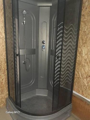 a shower with a glass door in a bathroom at Gasthaus Jasur,Yakkakhona in Madovra