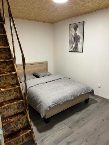 a bedroom with a bed and a ladder in it at Maison Relax Spa & tranquillité in Auberchicourt