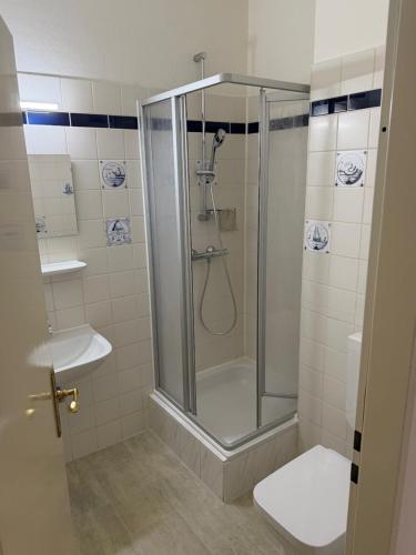 a bathroom with a shower with a toilet and a sink at Villa Meeresglück in Dornum