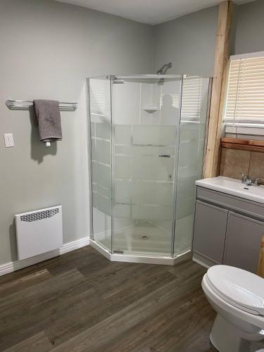 a bathroom with a glass shower and a toilet at Oakhill Oasis guest house in Moores Mills