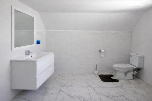a white bathroom with a sink and a toilet at Casa de vacanta Naty in Colibiţa