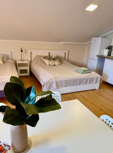 a room with two beds and a table with a potted plant at Perlos Apartamentai 12 in Birštonas