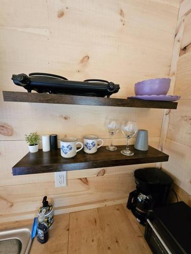 a shelf with cups and wine glasses on a wall at Tiny Home Big View! in Franklin