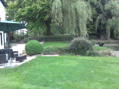 a green yard with two benches and an umbrella at Bellows Mill in Dunstable