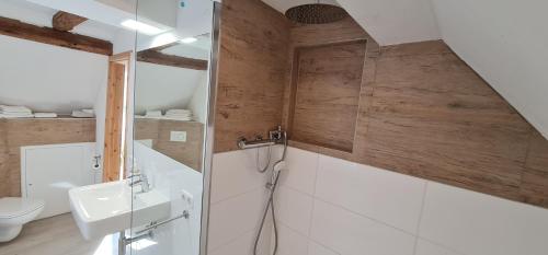 a bathroom with a sink and a toilet at Pension am Bach Prinz Charming in Fuldatal