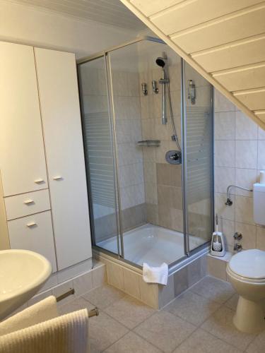 a bathroom with a shower and a toilet at Hotel Oyten am Markt Bremen in Oyten