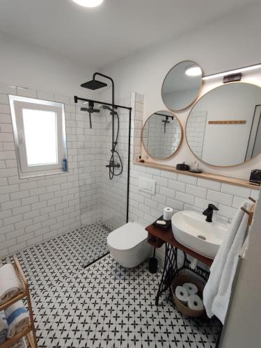 a bathroom with a sink and a toilet and mirror at Holiday Home Kostandinovic in Modriča