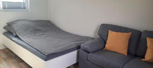 a bed and a couch in a room at Surf Shack 1 - Zimmer nah am Meer, WLAN, Gemeinschaftsgarten, Surfschule, Naturstrand, Parkplatz, Radfahrweg, Promenade in 10 Minuten erreichbar, Stopover Puttgarden in Dahme