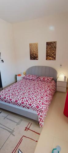 a bed in a bedroom with two paintings on the wall at bel studio de luxe a thies Sénégal in Thiès