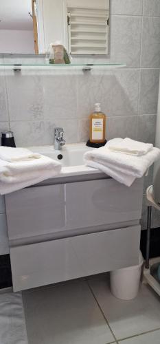 a bathroom with a sink and a mirror at Étoiles et Désirs in Kermaria-Sulard