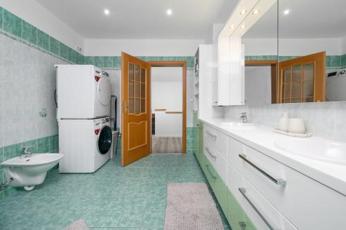 a bathroom with a sink and a refrigerator in it at Apartmán Regina in Liberec