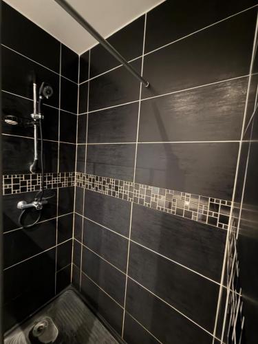 a bathroom with a shower with black tiles at Chambre indépendante 1 lit 2 pers maison calme in Romans-sur-Isère