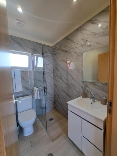 a bathroom with a toilet and a shower and a sink at Calheta Countryside in Calheta