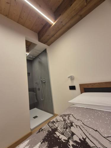 a bedroom with a shower and a bed in it at Agriturismo Belotti in Temù