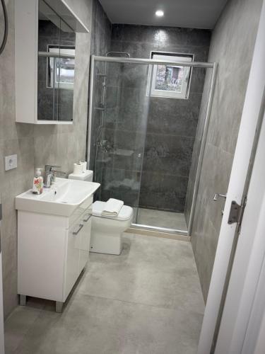 a bathroom with a shower and a toilet and a sink at Eman Resort in Ulcinj