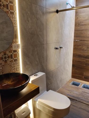a bathroom with a toilet and a sink and a shower at Hotel Samana'Inn in Arequipa