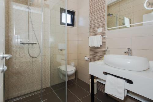 a bathroom with a sink and a toilet and a shower at Villa Olive Tree in Vinišće