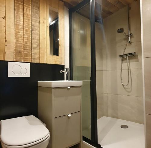 a bathroom with a shower and a toilet and a sink at La petite romantique in Martelange