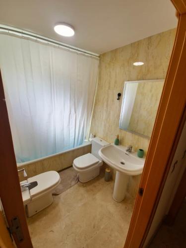 a bathroom with a toilet and a sink and a mirror at Apartamentos Residencial Duquesa in San Luis de Sabinillas