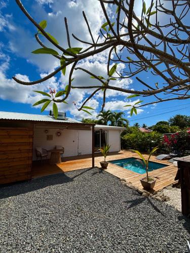 a villa with a swimming pool and a house at Le Frangipanier Cozy Bungalow in Le Moule