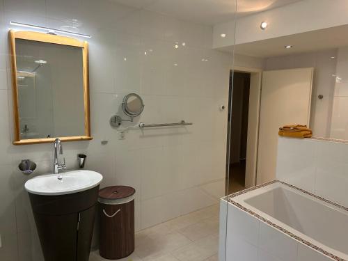 a bathroom with a sink and a mirror and a tub at Garten Wohnung in Singen