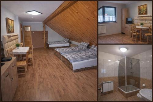 two pictures of a room with a bed and a bathroom at Agroturystyka uDuraja in Kiczora