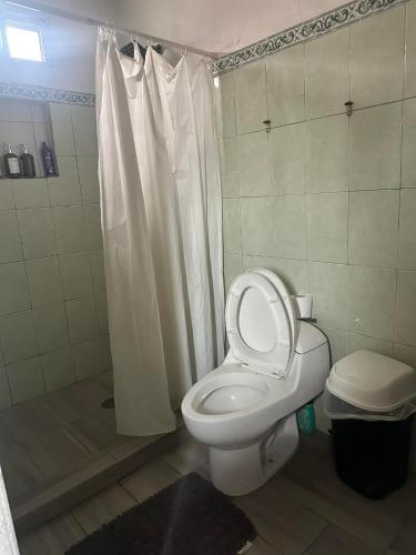 a bathroom with a white toilet and a shower at Cuarto a 4min del aeropuerto in Guadalajara