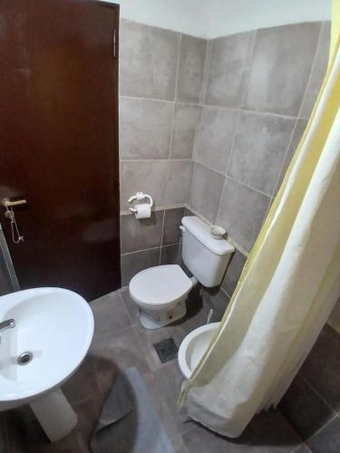 a bathroom with a white toilet and a sink at Apart La Jose in Río Cuarto