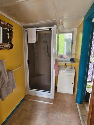 a bathroom with a shower and a glass door at The Castle in Baylys Beach