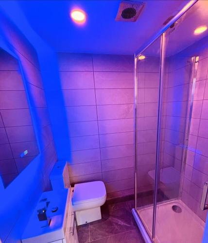 a bathroom with a toilet and a shower with purple lights at Williamson Suites - Apartment 1 in Liverpool