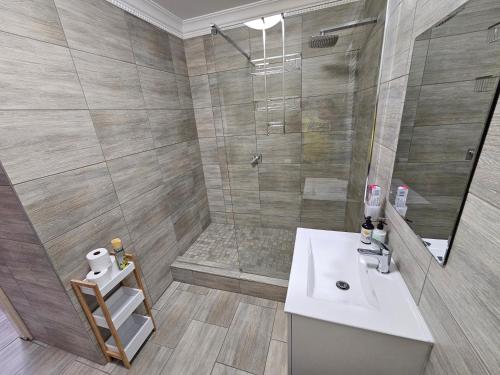 a bathroom with a shower and a sink and a shower at A Pearl Place in Pretoria