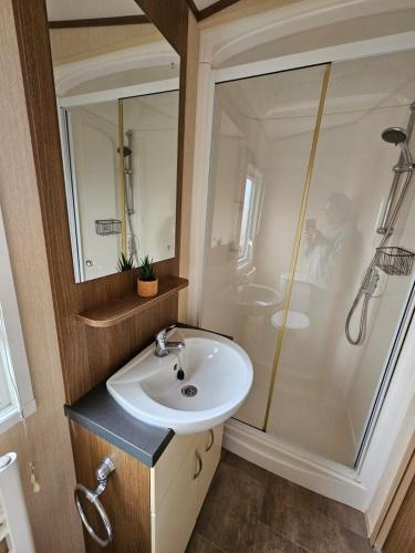a bathroom with a sink and a shower at Southview Holiday park in Winthorpe
