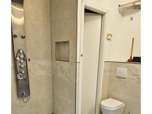 a bathroom with a shower and a toilet at Apartment für Monteure oder Reisende in Bad Camberg