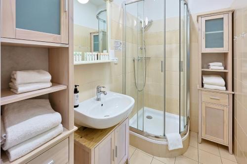 ein Badezimmer mit Waschbecken und Dusche in der Unterkunft Hotel Tynec in Týnec nad Sázavou