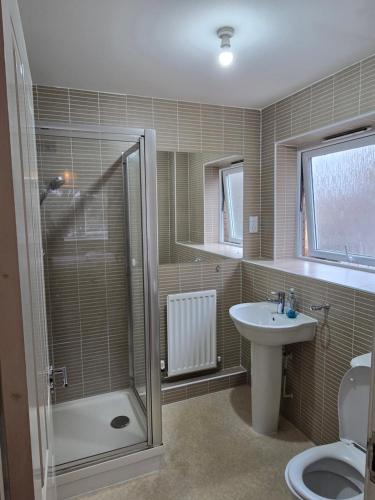 a bathroom with a shower and a sink and a toilet at Highly Comfortable Home in Hatfield