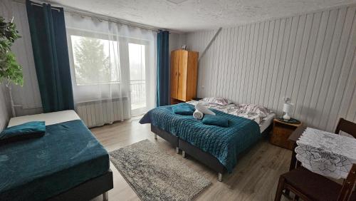 a bedroom with a bed and a large window at Agroturystyka U Misia in Niedźwiedź