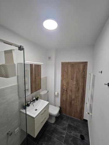 a bathroom with a toilet and a sink and a shower at Merci Apartament 2,0 in Sibiu