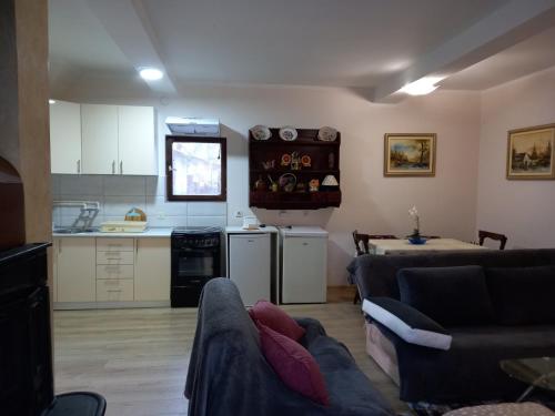 a living room with a couch and a kitchen at Radicini konaci in Vinci