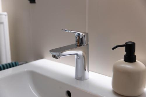 a soap dispenser sitting next to a bathroom sink at Hohenlupfenblick in Stühlingen