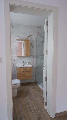 a bathroom with a toilet and a sink and a shower at Peprina Apt 2 in Central Rabat in Rabat
