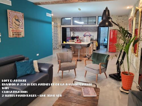 Loft d'artiste atypique, climatisé,90 m2 , hypercentre Nimes Arènes 6 pers