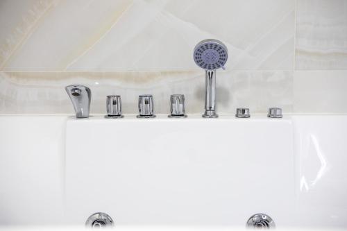 a bathroom sink with a shower and a fan at Romantic getaway with jacuzzi, Garden view in Mulhouse