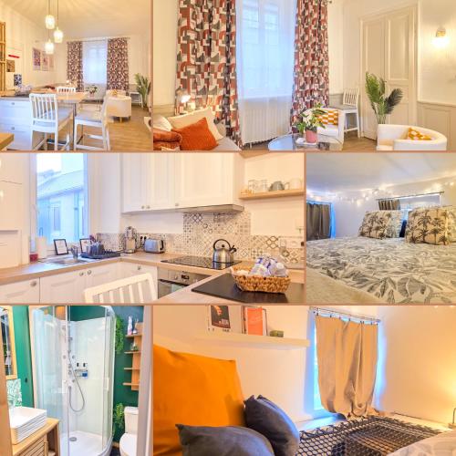 a collage of photos of a kitchen and a living room at Le Haussmann - Centre Historique, Chic & Terrasse in Saint-Brieuc